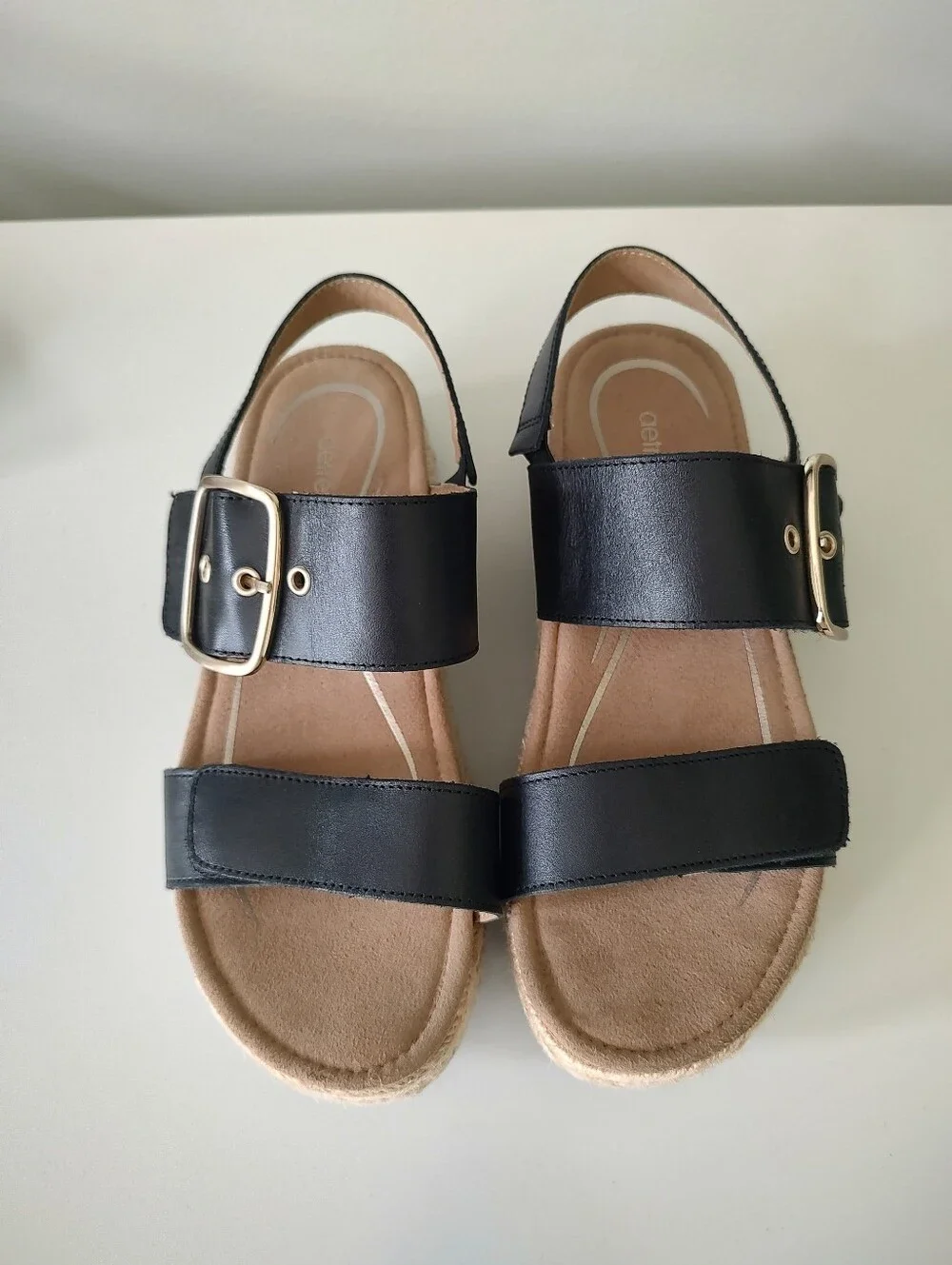 Aetrex Vania Black Leather Arch Support Espadrille Platform Wedge Sandal Size 7